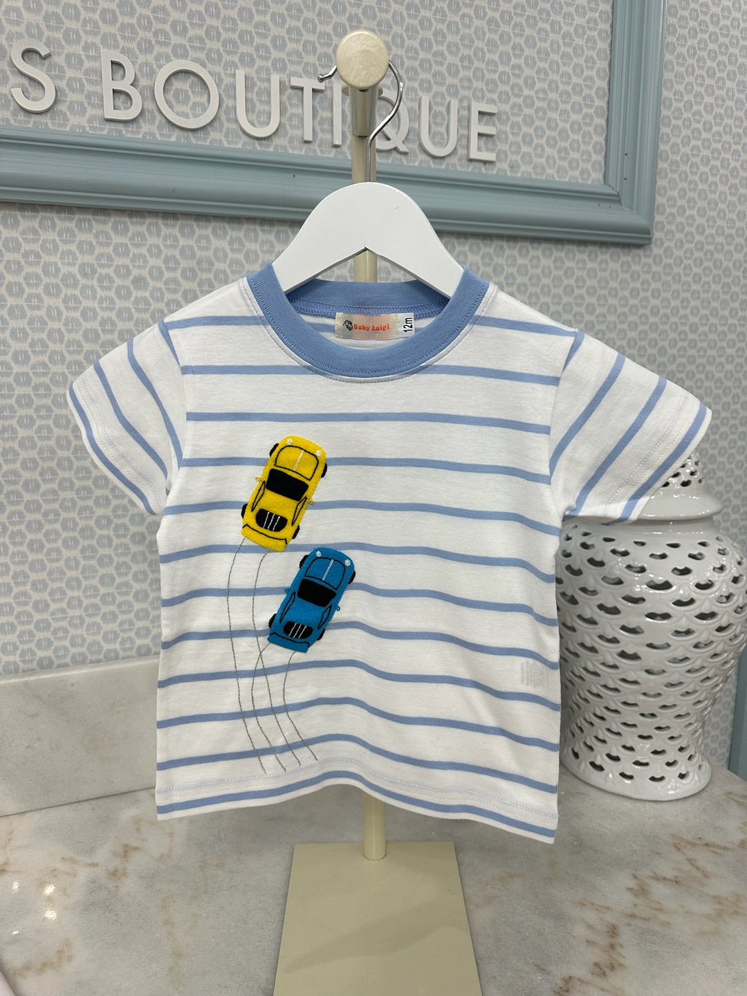 Luigi - Two Cars Racing Short Sleeve T-shirt - Sky Blue Stripe