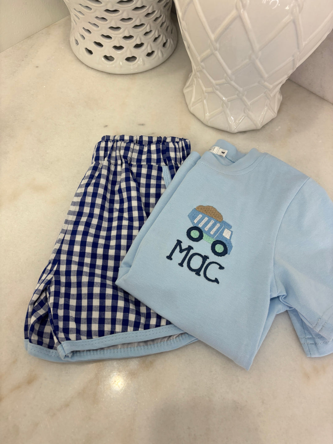 Hampton Light Blue and Navy Gingham Pocket Short Set