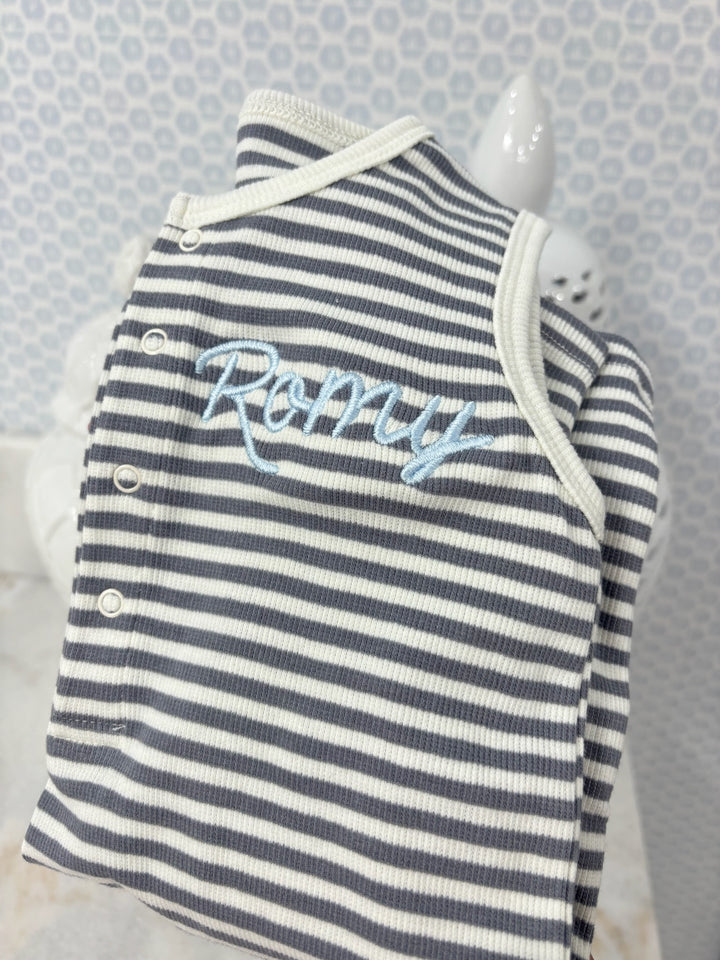 Quincy Mae: Ribbed Henley Romper - Ocean Stripe