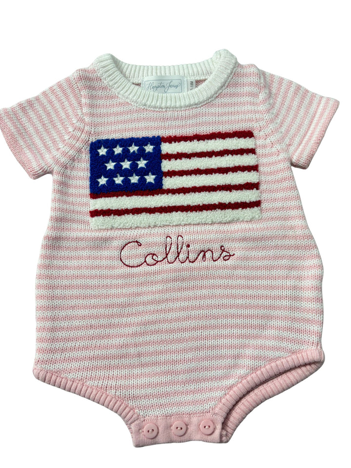 Personalized Freedom Flag Knit Bubble for baby girl - Pink striped knit romper with American flag design - Hampton James Clothing