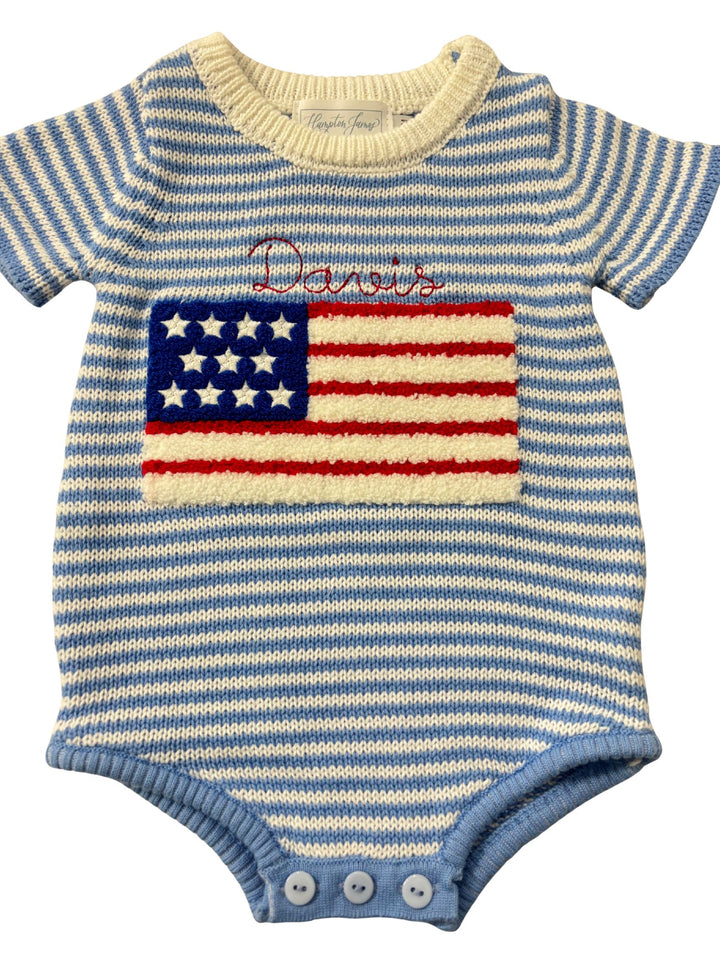 Personalized Freedom Flag Knit Bubble for baby boy - Blue striped knit romper with American flag design - Hampton James Clothing