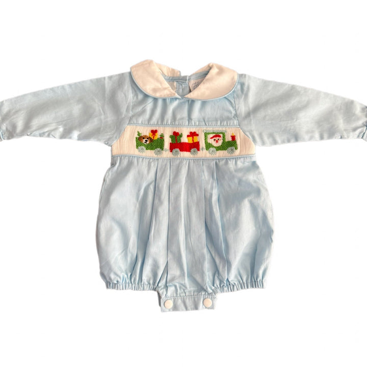 Christmas Train Smocked Light Blue Bubble