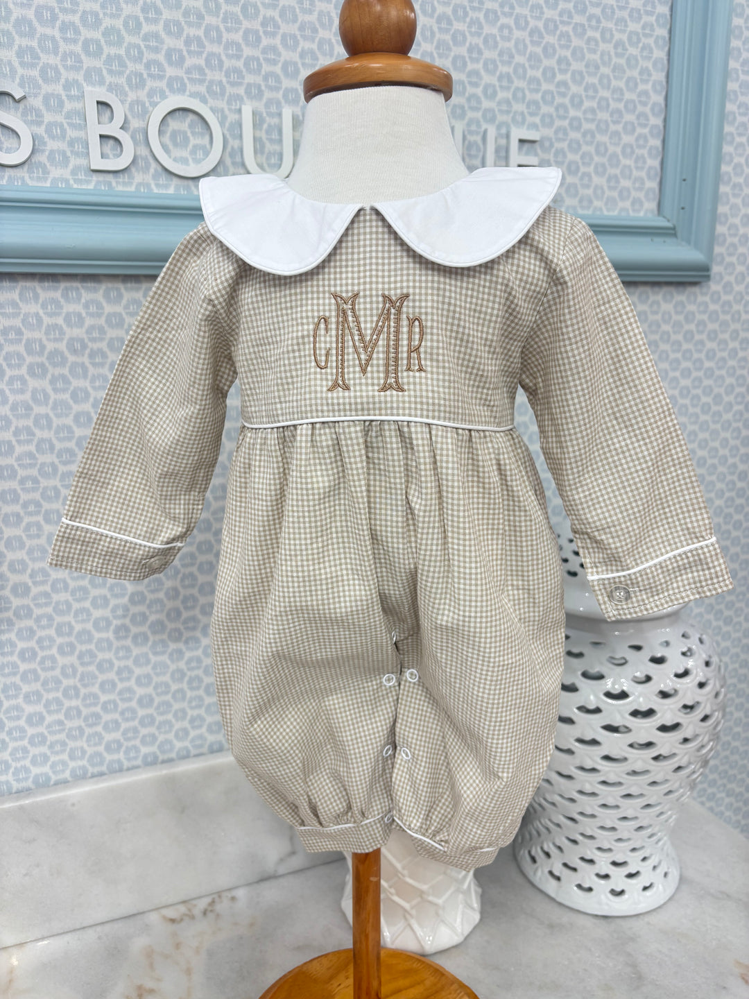 Khaki Gingham Collared Romper