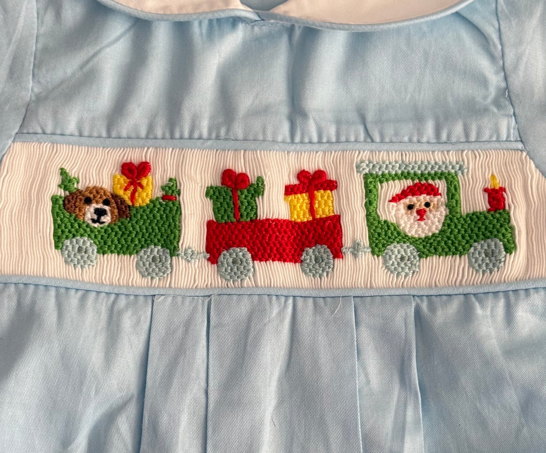 Christmas Train Smocked Light Blue Bubble