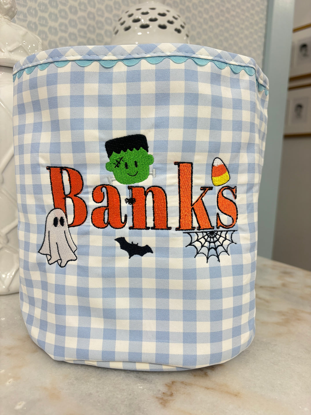 Light Blue Gingham Halloween Bucket
