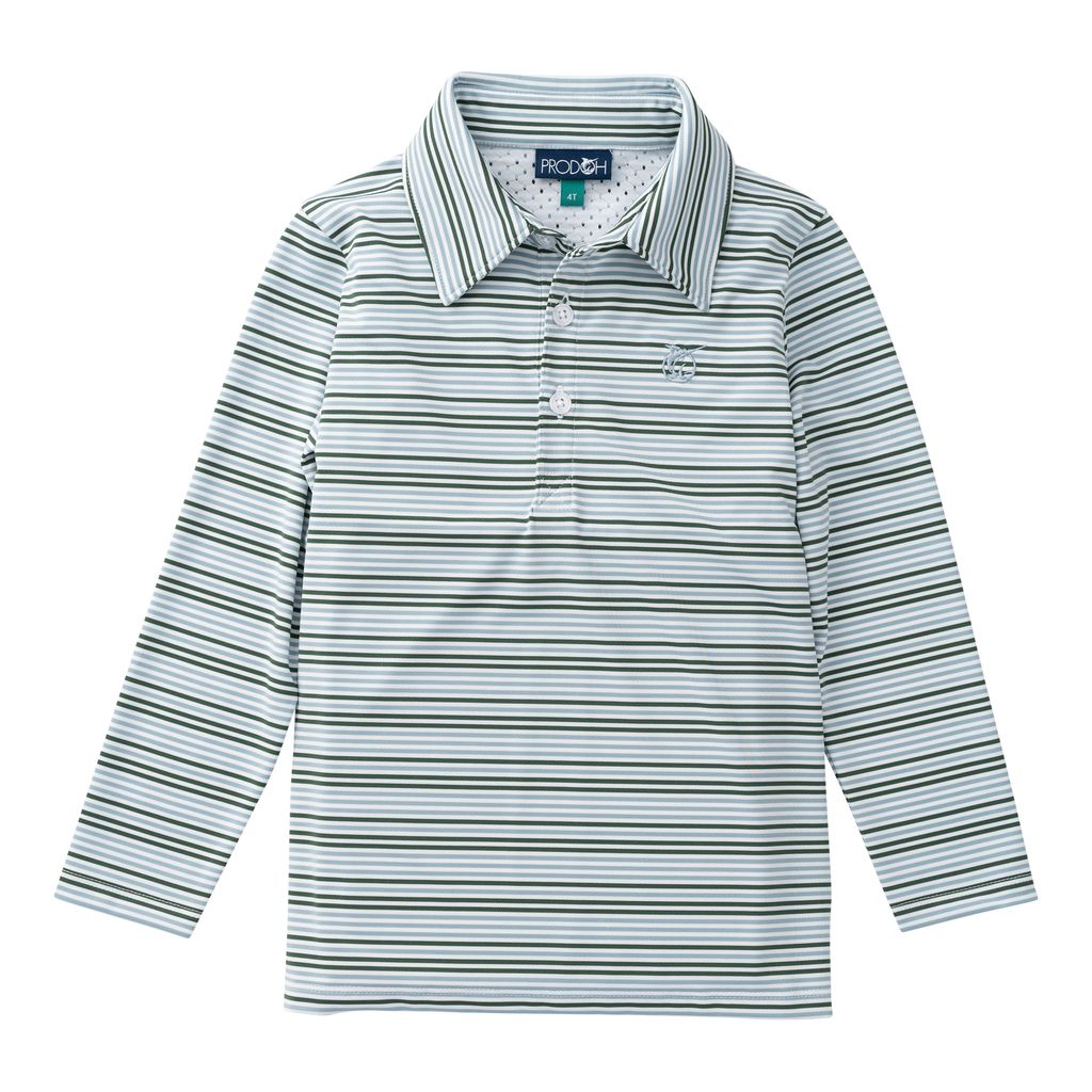Prodoh - Boy's Long Sleeve Pro Performance Polo - Arona Camping Green Stripe