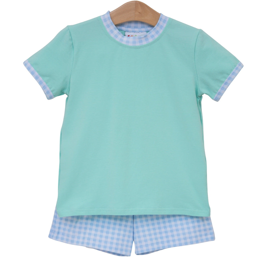 Avery Short Set- Mint w/ Light Blue Gingham - Hampton James Clothing