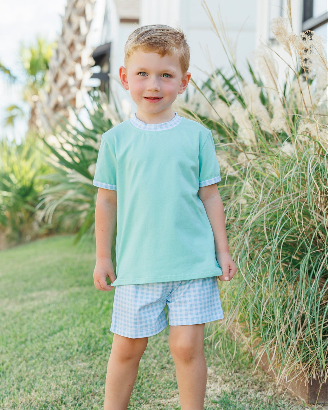 Avery Short Set- Mint w/ Light Blue Gingham - Hampton James Clothing - detail view