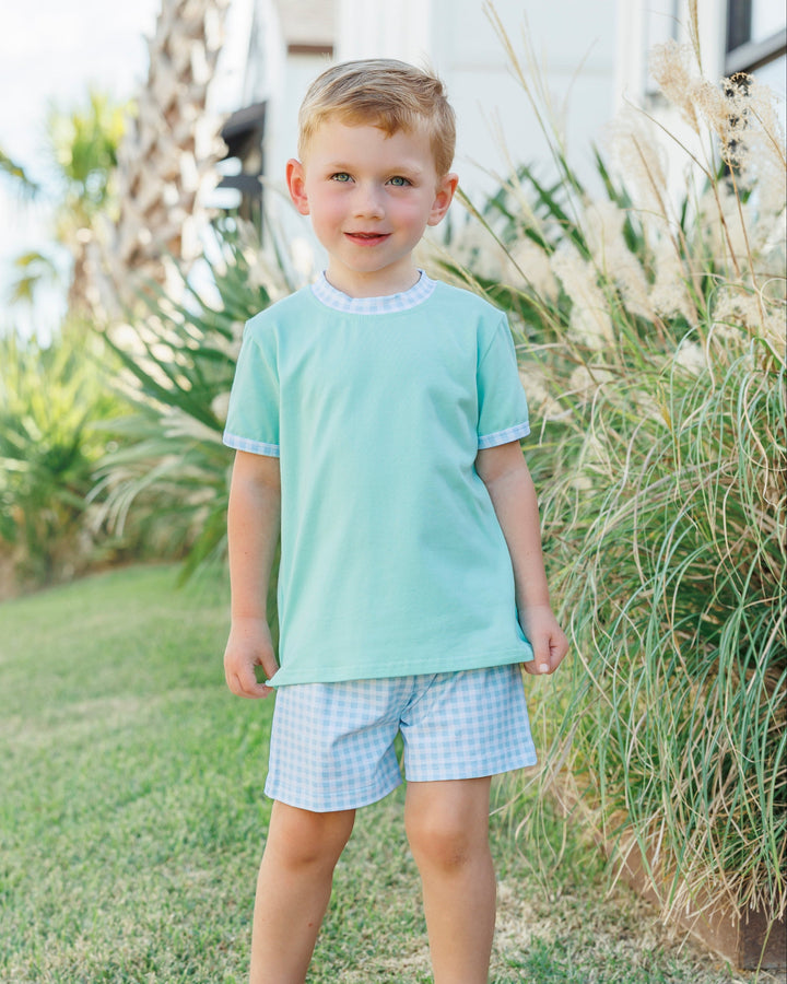 Avery Short Set- Mint w/ Light Blue Gingham - Hampton James Clothing - detail view