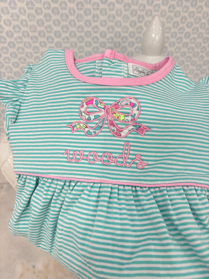 Everyday LS Teal Romper with Pink Trim