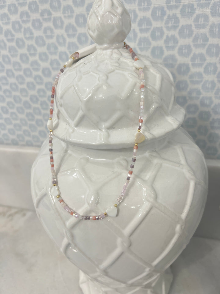 Heart Parade Beaded Necklace- Light Pink