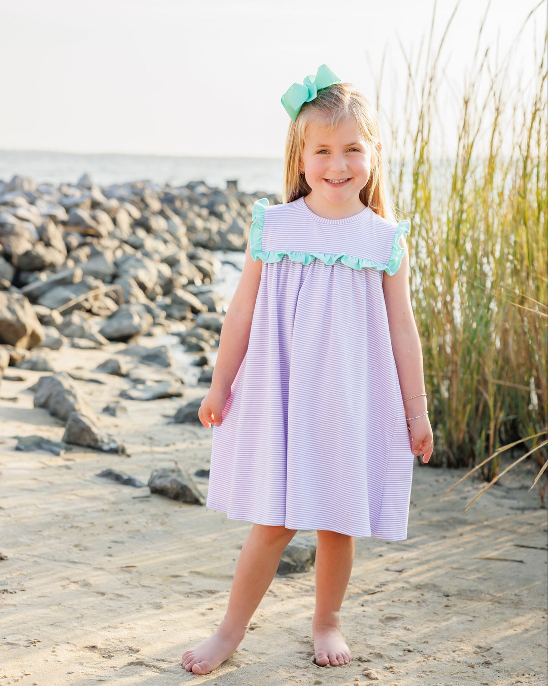 Bella Dress- Lavender Stipe and Mint - Hampton James Clothing - detail view