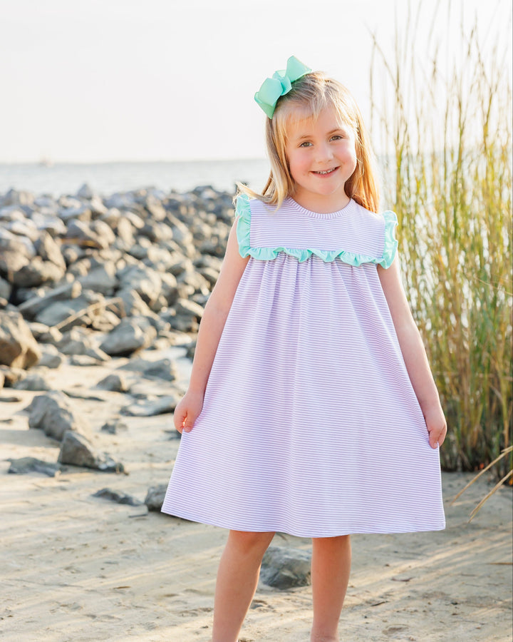 Bella Dress- Lavender Stipe and Mint - Hampton James Clothing - back view