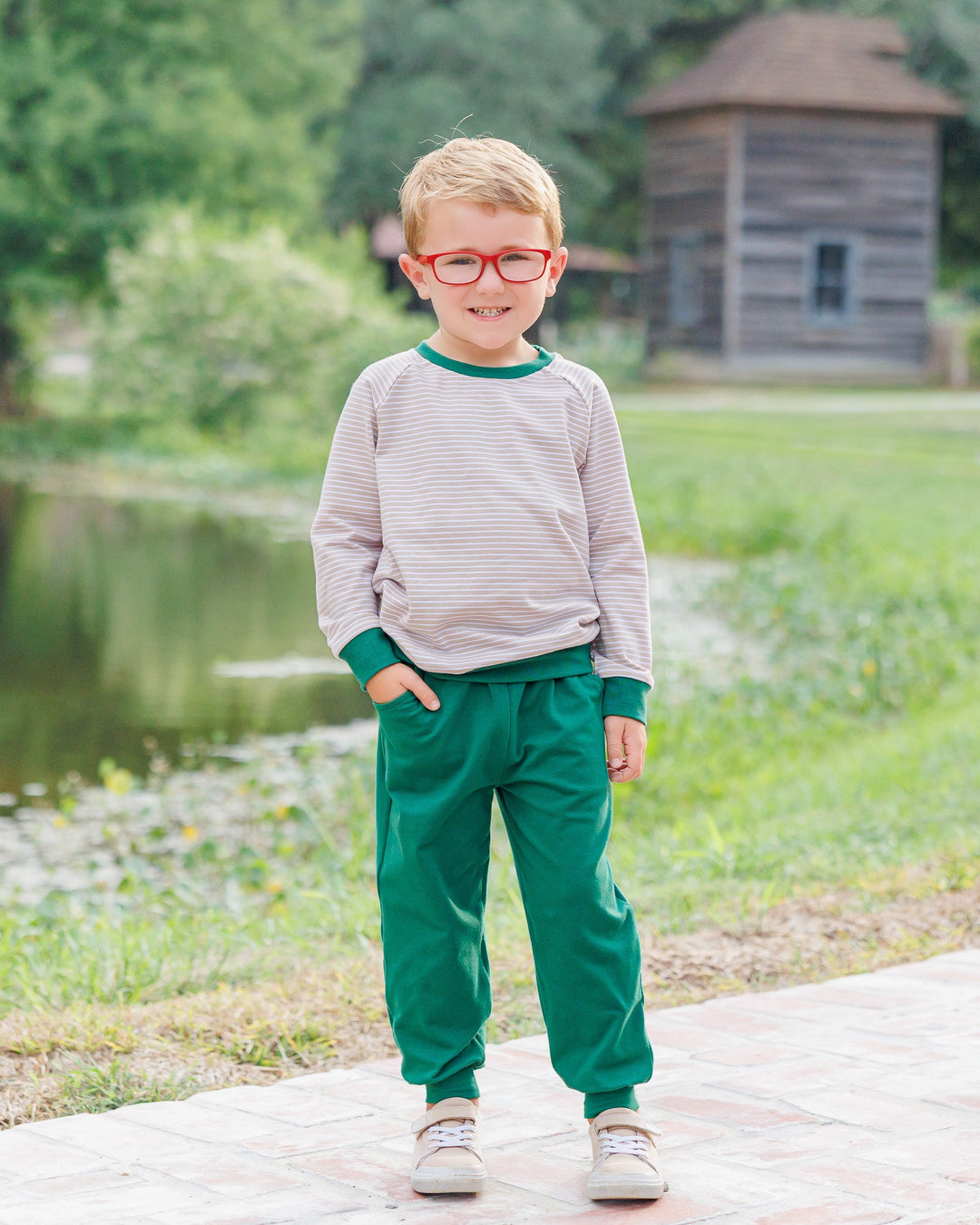 Connor Jogger Set- Tan Stripe/Hunter Green