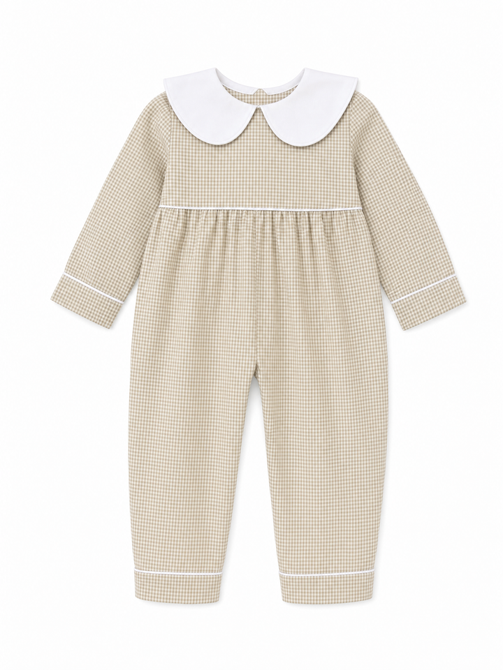 Khaki Gingham Collared Romper
