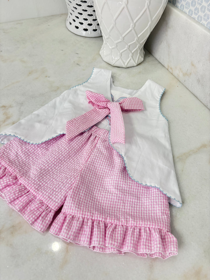 Hampton White Scalloped Seersucker Bow Back Short Set