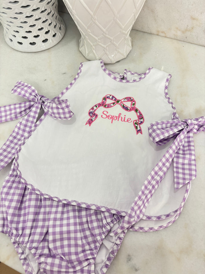 Hampton Purple Gingham Bow Diaper Set