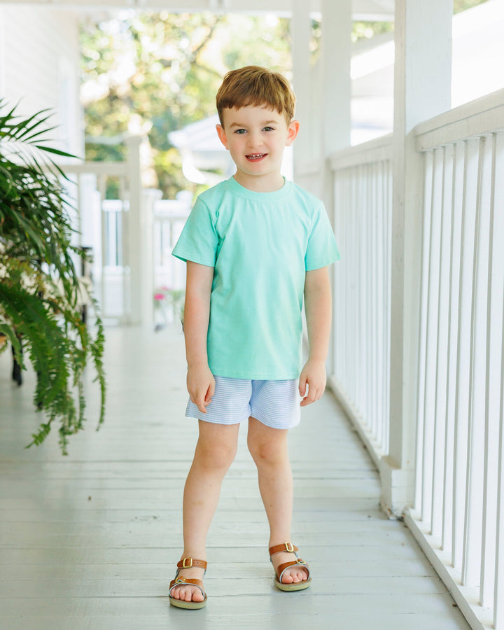 Drew Short Set- Mint and Light Blue Stripe - Hampton James Clothing - detail view