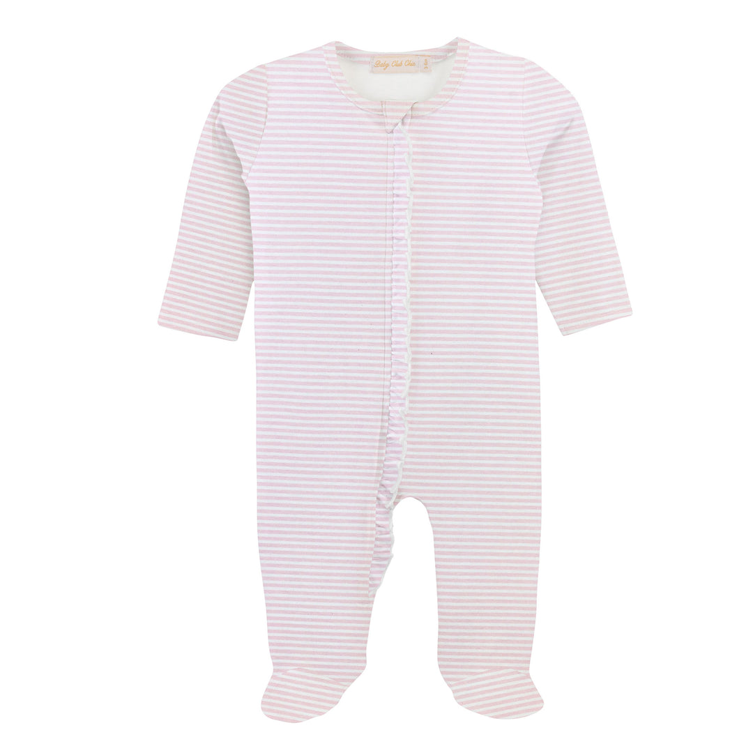 Baby Club Chic - Pink Stripes Printed Pima Zipped Footie w/ Ruffles