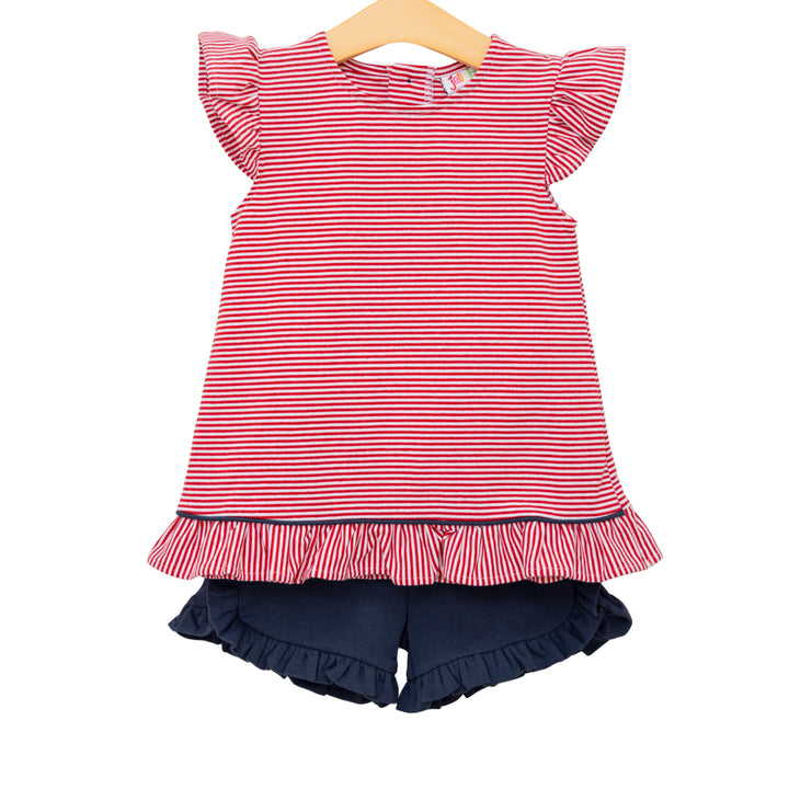Gracie Ruffle Short Set- Red Stripe and Navy