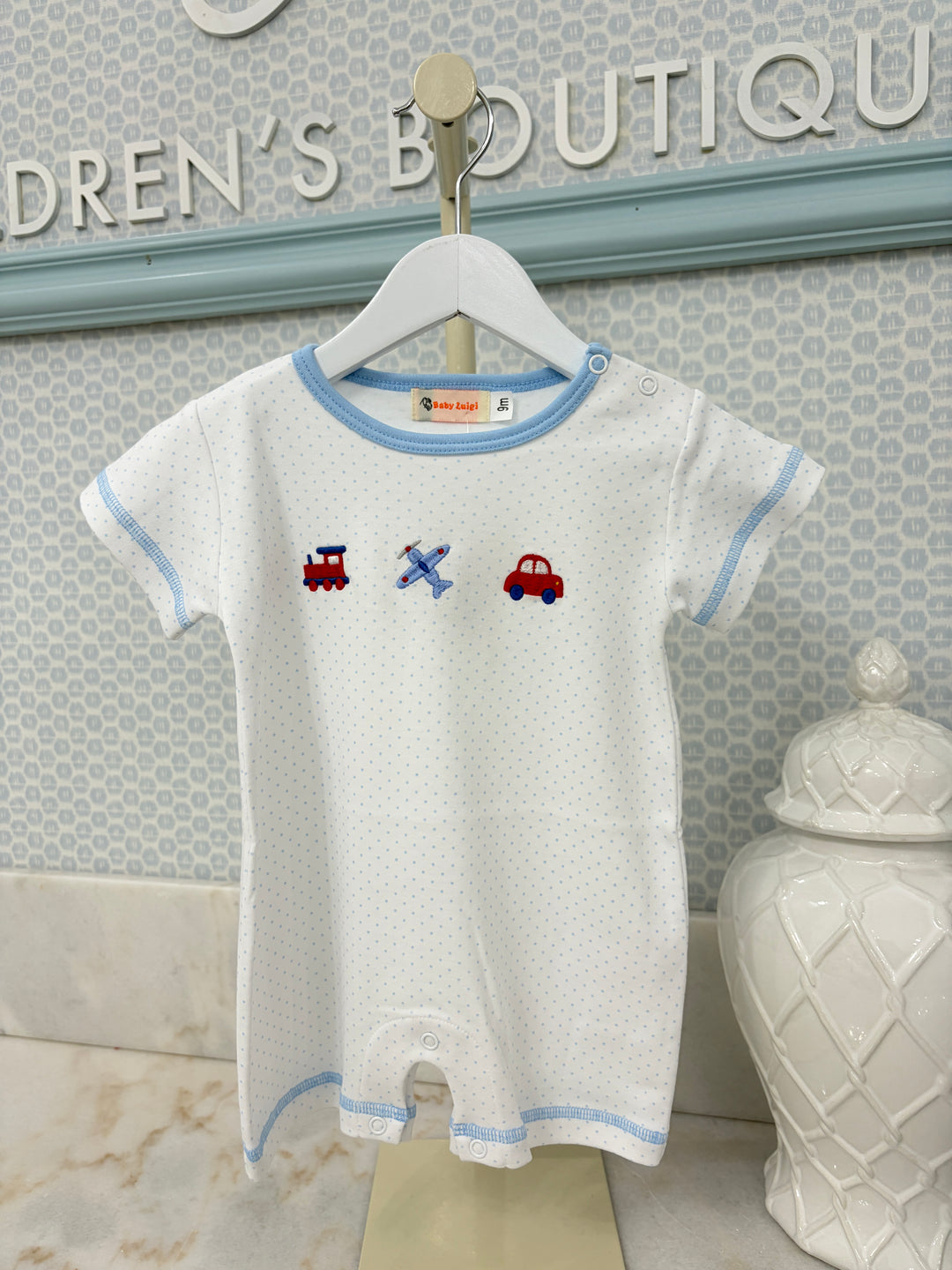 Luigi -  Transportation Short Sleeve Romper - Blue Polka Dot