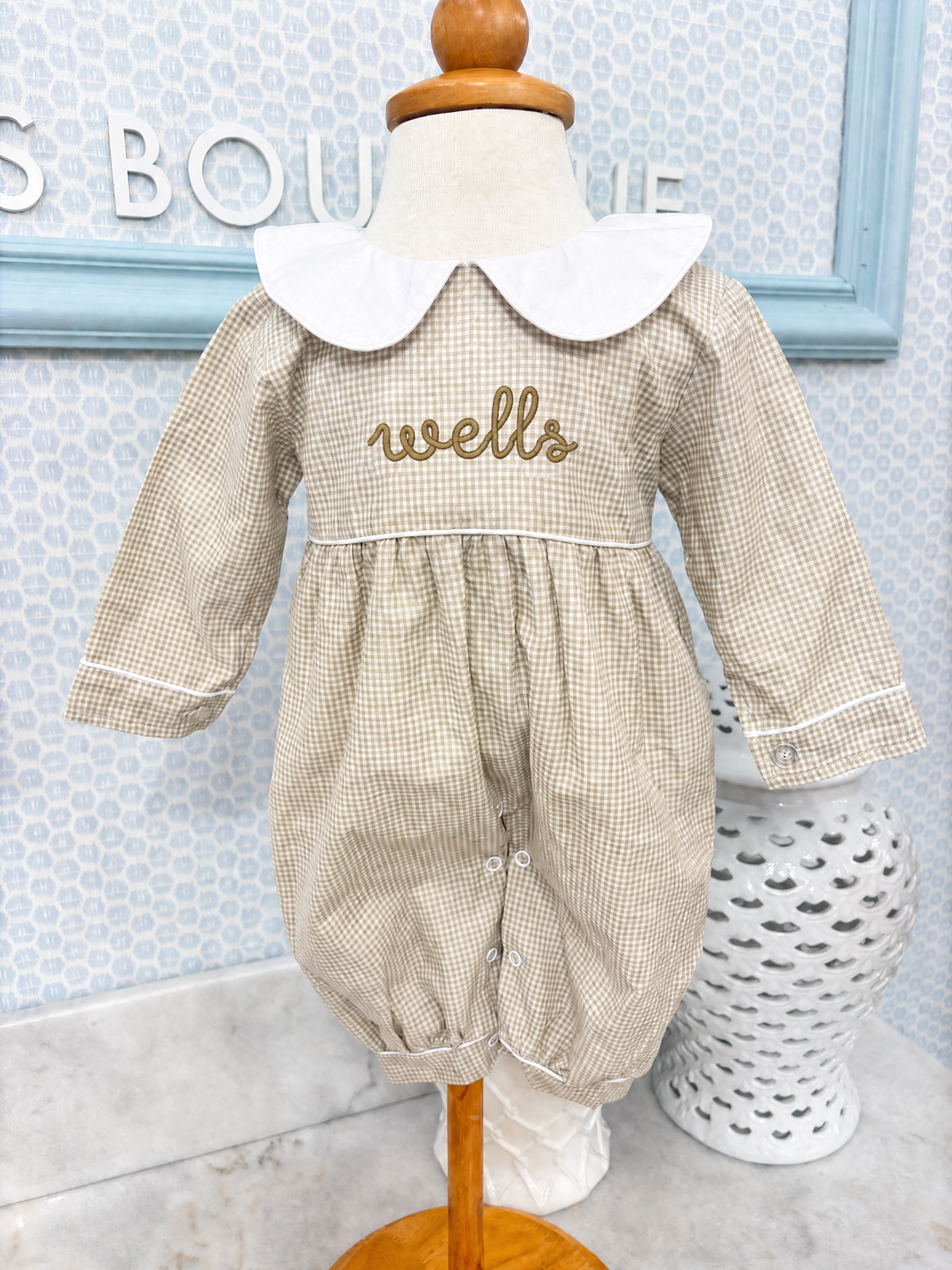 Khaki Gingham Collared Romper