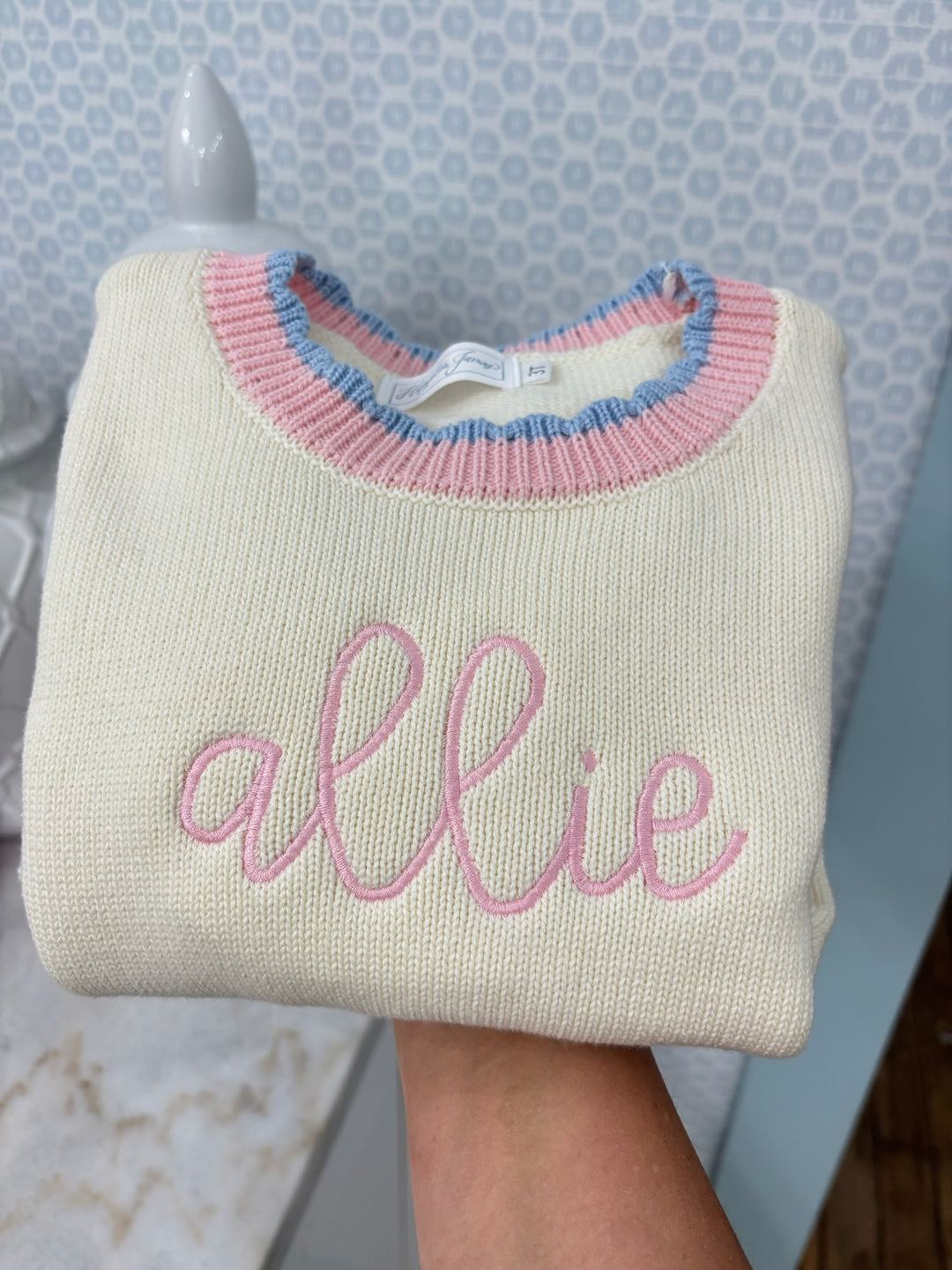 Hampton James Signature Rollneck Sweater - Cream with Pink Blue Trim (Fits TTS)
