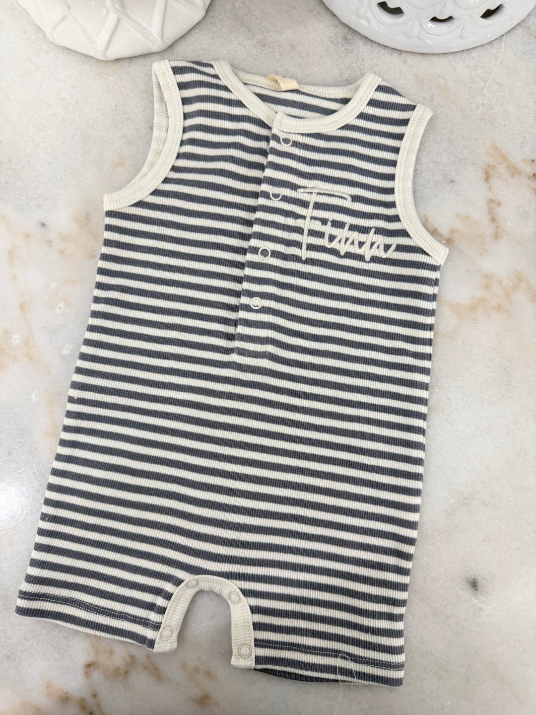 Quincy Mae: Ribbed Henley Romper - Ocean Stripe