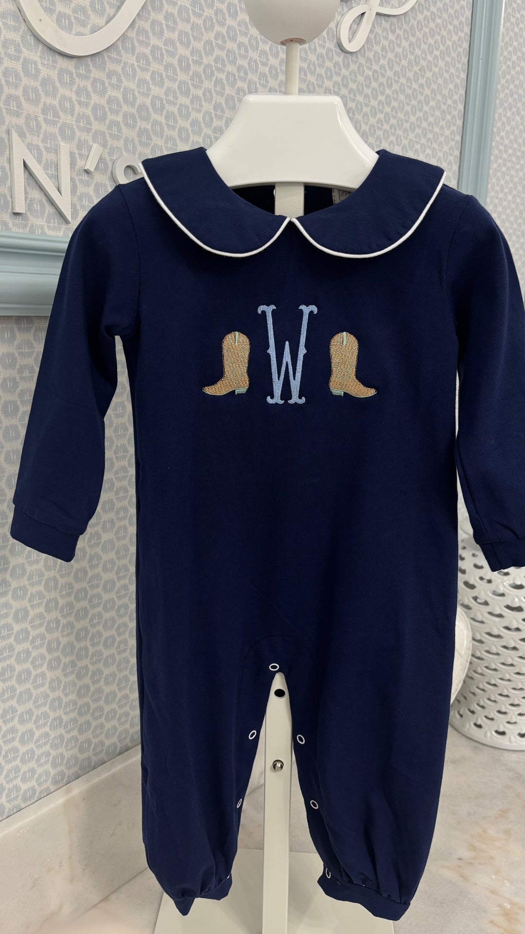 Carter Navy Long Sleeve Romper *Pre-Order Ships in October*