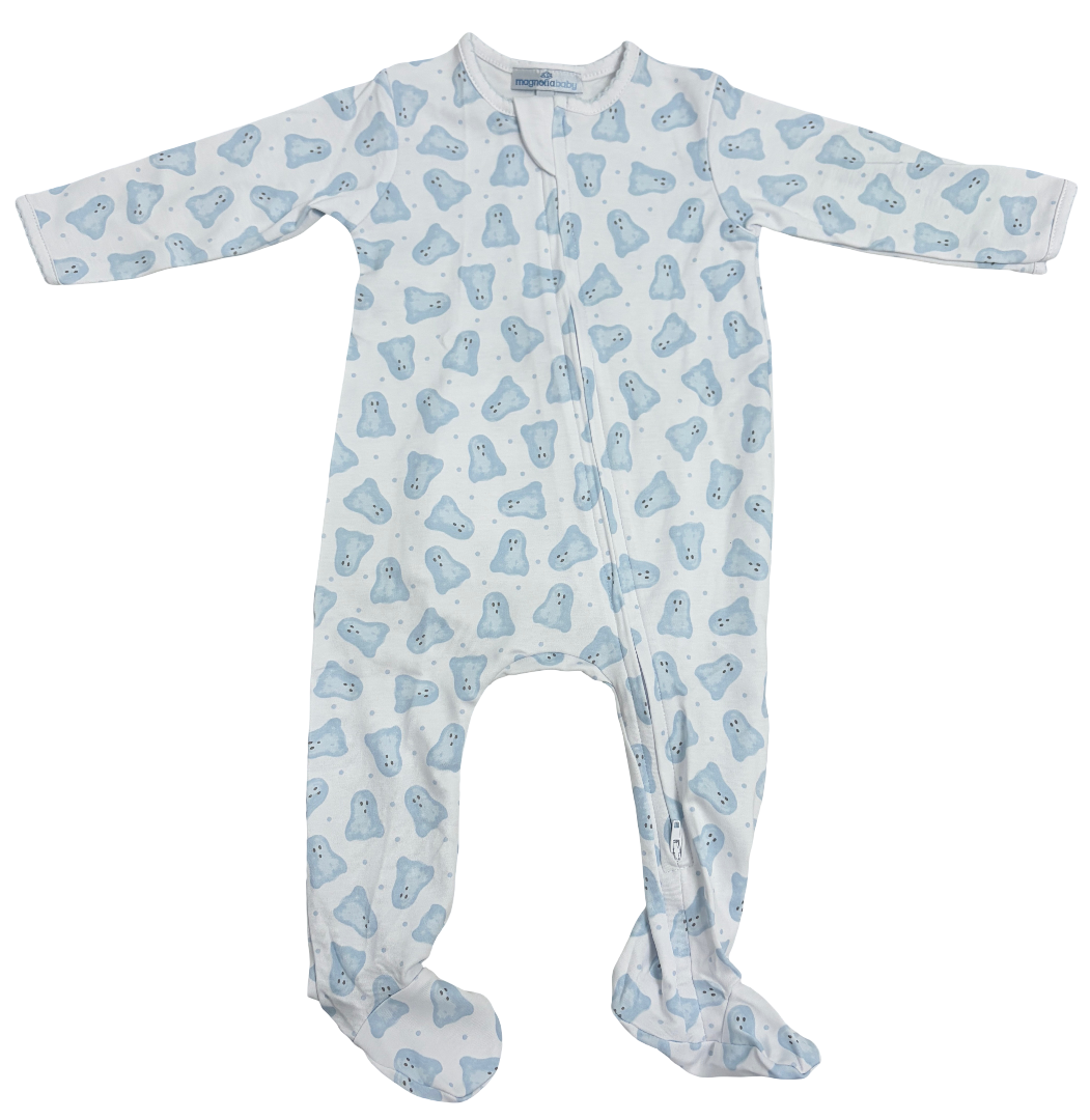 Magnolia Baby: Baby Boo Print Zip Footie - Light Blue