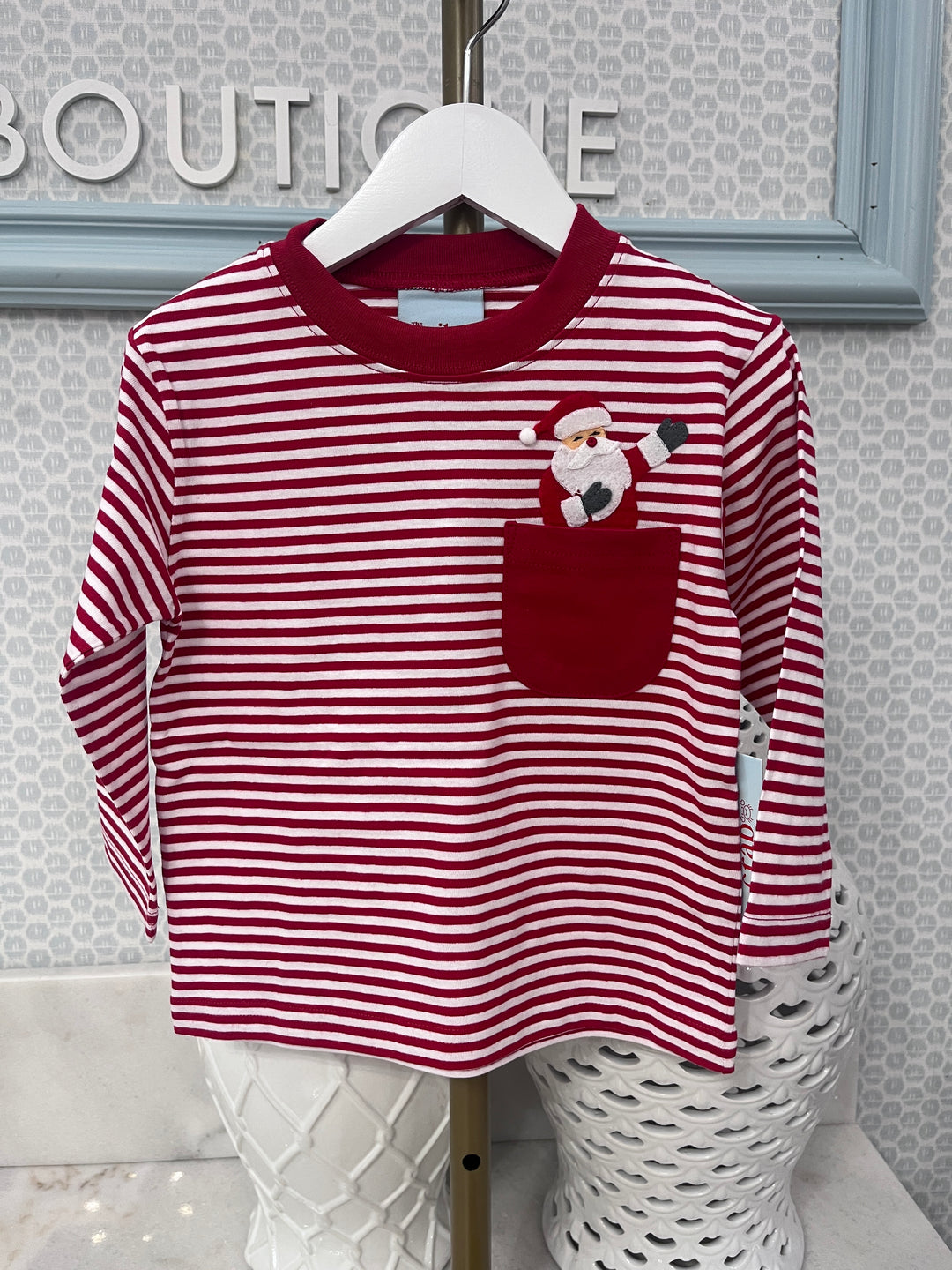 Smiley Crab: Red Stripe Santa Pocket Long Sleeve T-Shirt