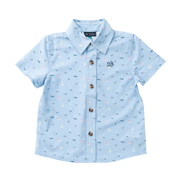 Prodoh - Boys' Short Sleeve Button Down Shirt - Windsurfer Boats in the Bay Print