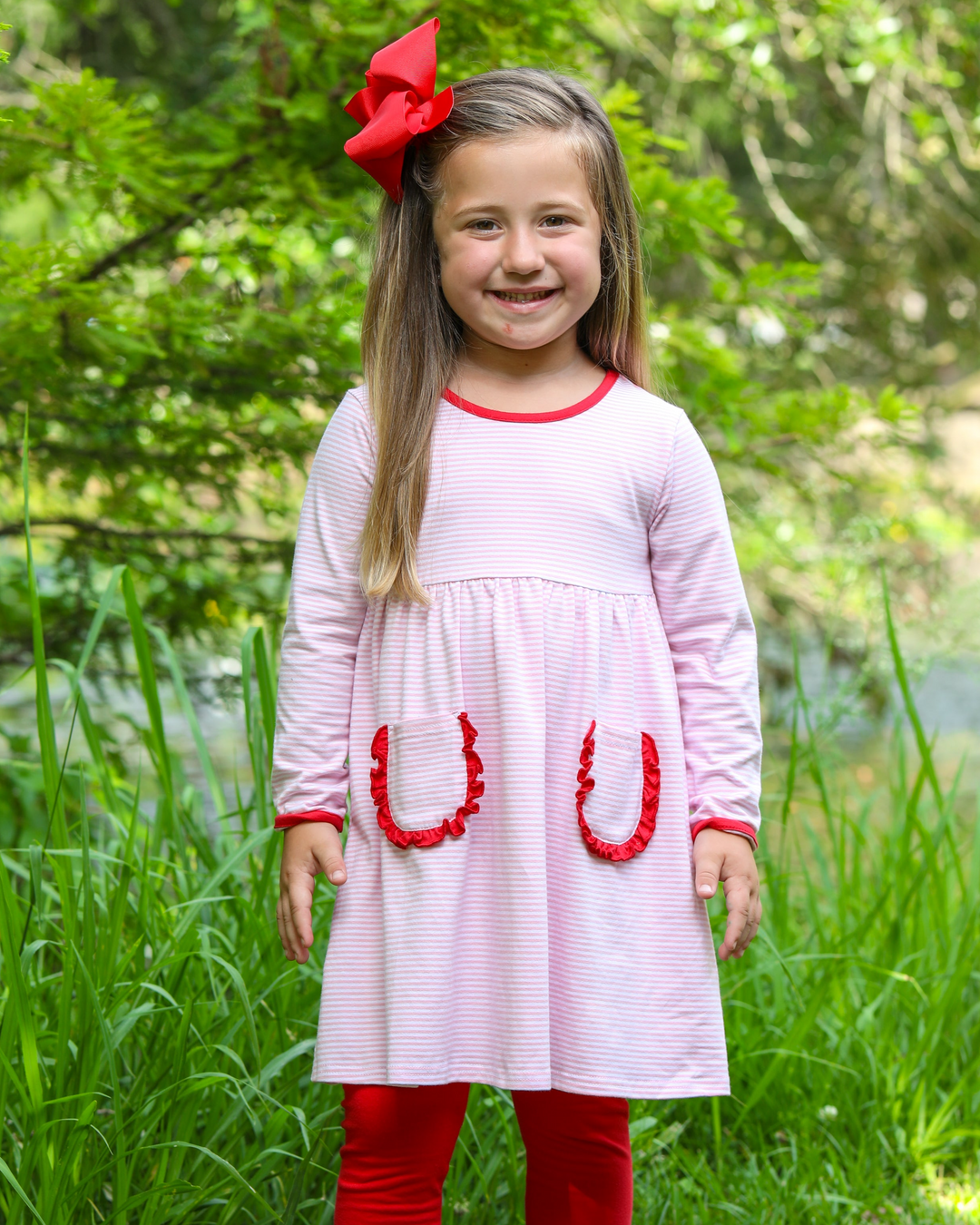 Reese Ruffle Pants Set- Pink Stripe and Red