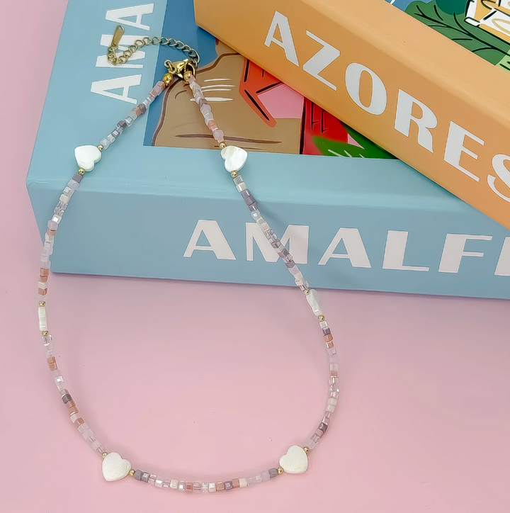 Heart Parade Beaded Necklace- Light Pink