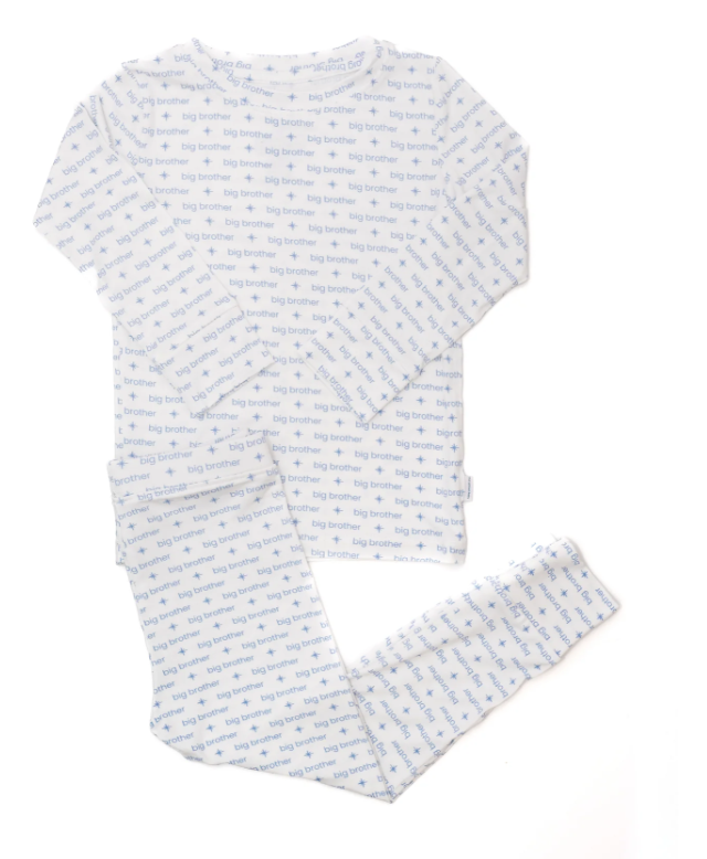 The Uptown Baby Big Brother 2 piece pajama set in white with blue print for toddler boy - Hampton James Clothing