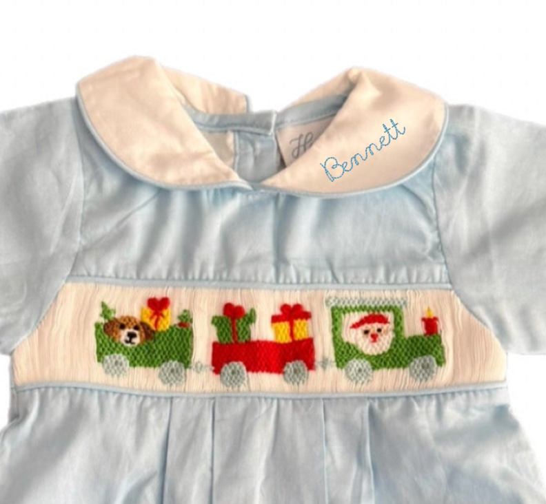 Christmas Train Smocked Light Blue Bubble