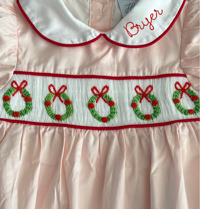 Christmas Wreaths Smocked Light Pink Bubble