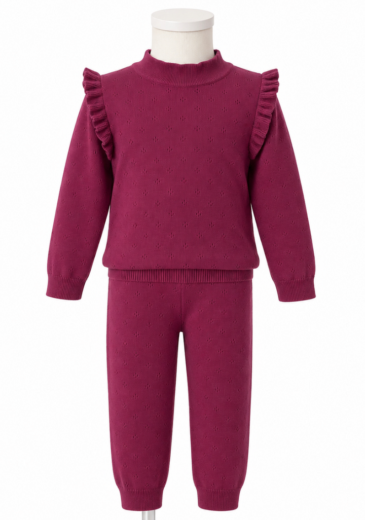 Turtleneck Pointelle Knit Set - Wine/Plum - 4T