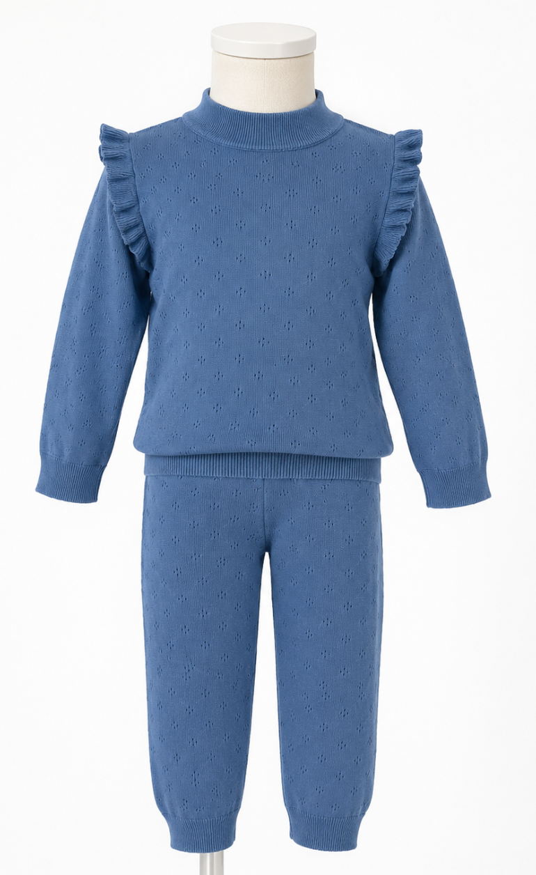 Turtleneck Pointelle Knit Set - Dusty Blue - 4T