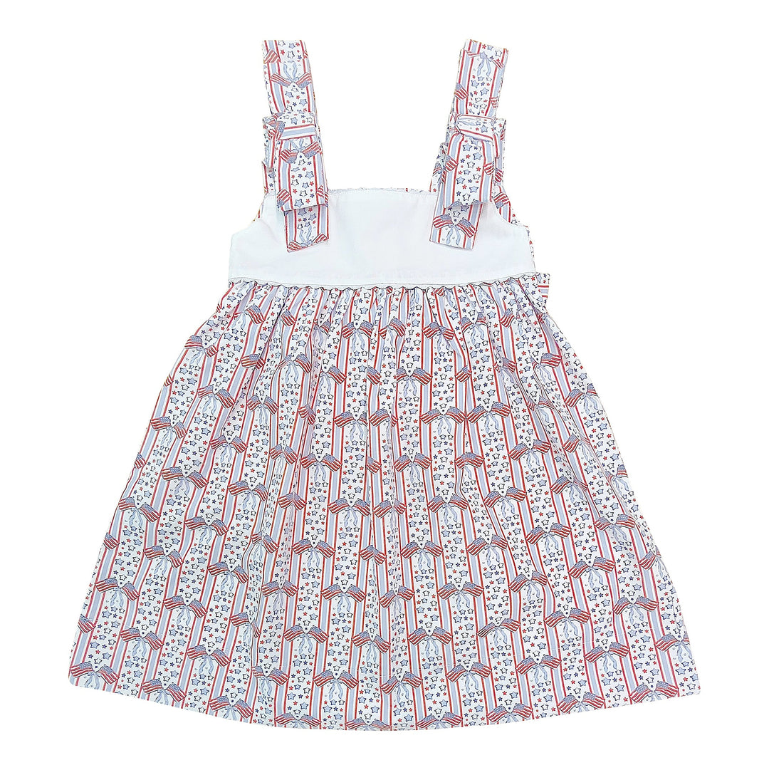 Personalized Happy 4th of July Printed Bow Dress for girl - red white and blue patriotic dress with bow straps - Hampton James Clothing