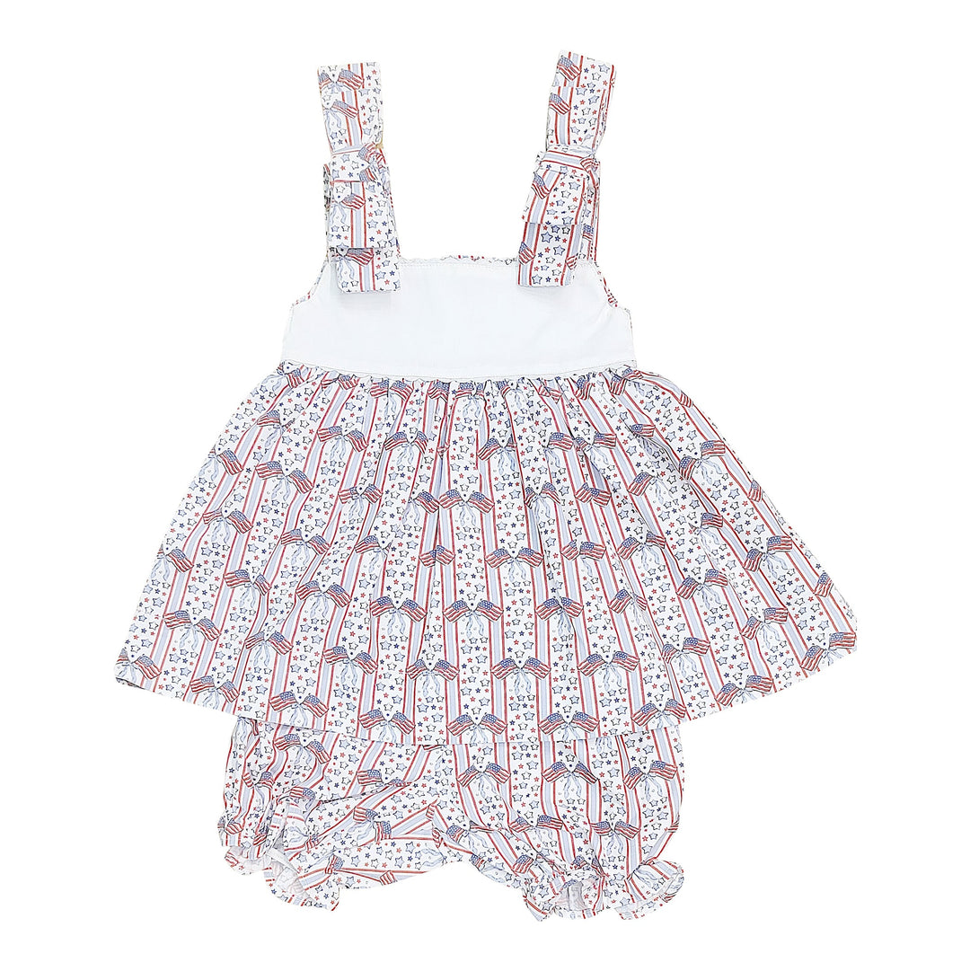 Personalized Happy 4th of July Printed Bow Bloomer Set for girl - red white and blue patriotic print - Hampton James Clothing