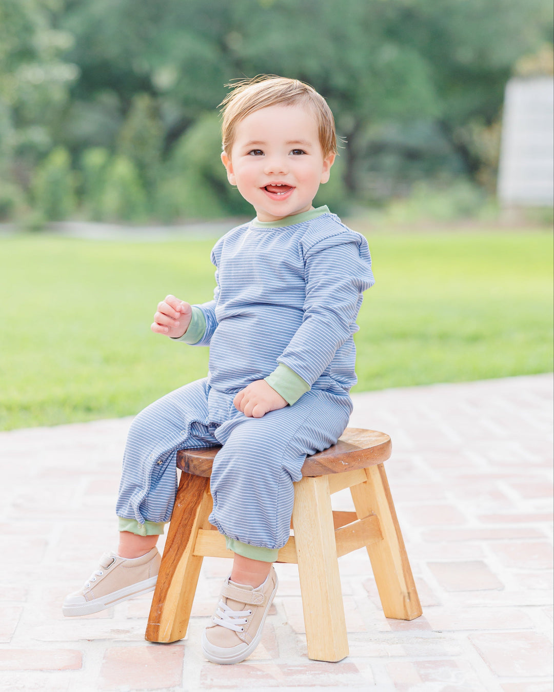 Thomas Romper- Dusty Blue Stripe/Sage