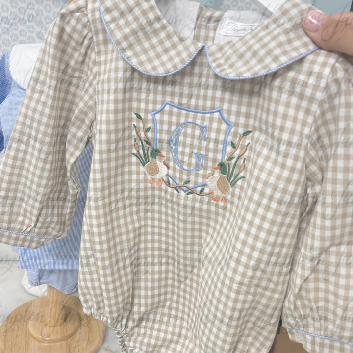 Barron Khaki Gingham Bubble with Blue Trim LS *Pre-Order Ships in October*