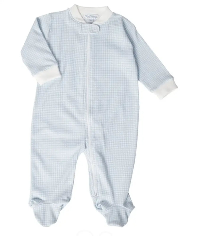 Blue Gingham Zipper Footie New Baby