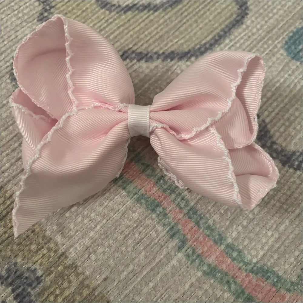 Classic Grosgrain Moonstitch Hair Bow - Medium Lt Pink W/ White New Accessory