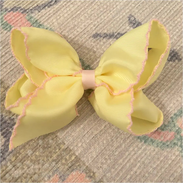 Classic Grosgrain Moonstitch Hair Bow - Medium Maize W/ Lt Pink New Accessory