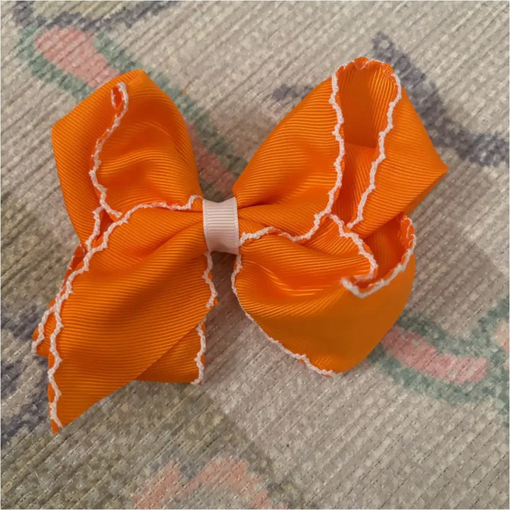 Classic Grosgrain Moonstitch Hair Bow - Medium Orange W/ White New Accessory
