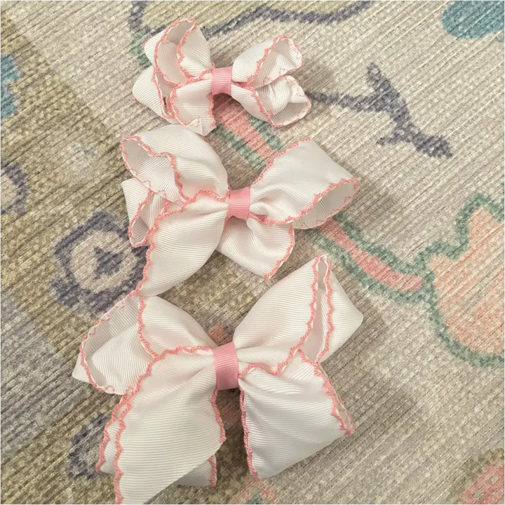 Classic Grosgrain Moonstitch Hair Bow - Medium White W/ Pink New Accessory