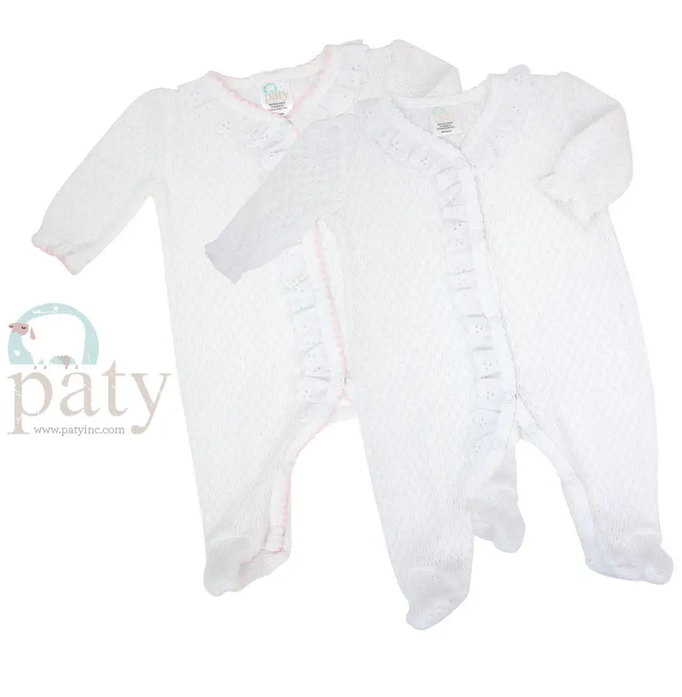 Footie With Eyelet And Puff Sleeve - Pink Trim New Paty