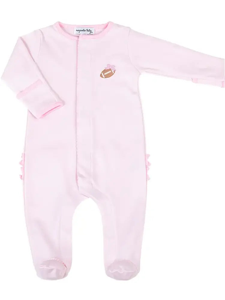 Magnolia Baby- Darling Football Pink Embroidered Ruffle Footie